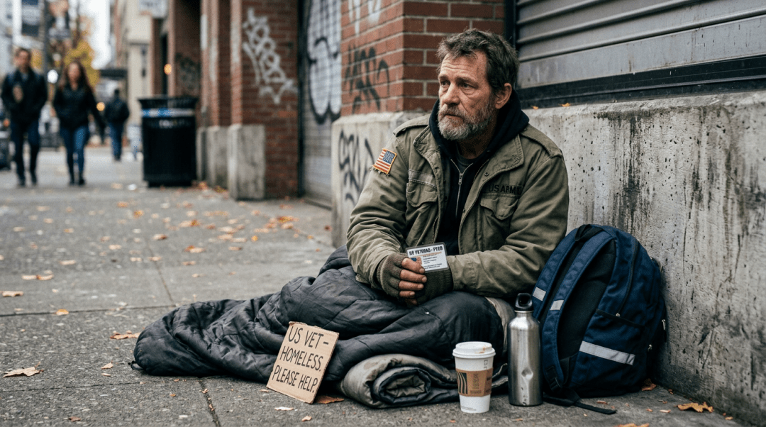 Homeless man holding veteran ID sitting on sidewalk with sign asking for help